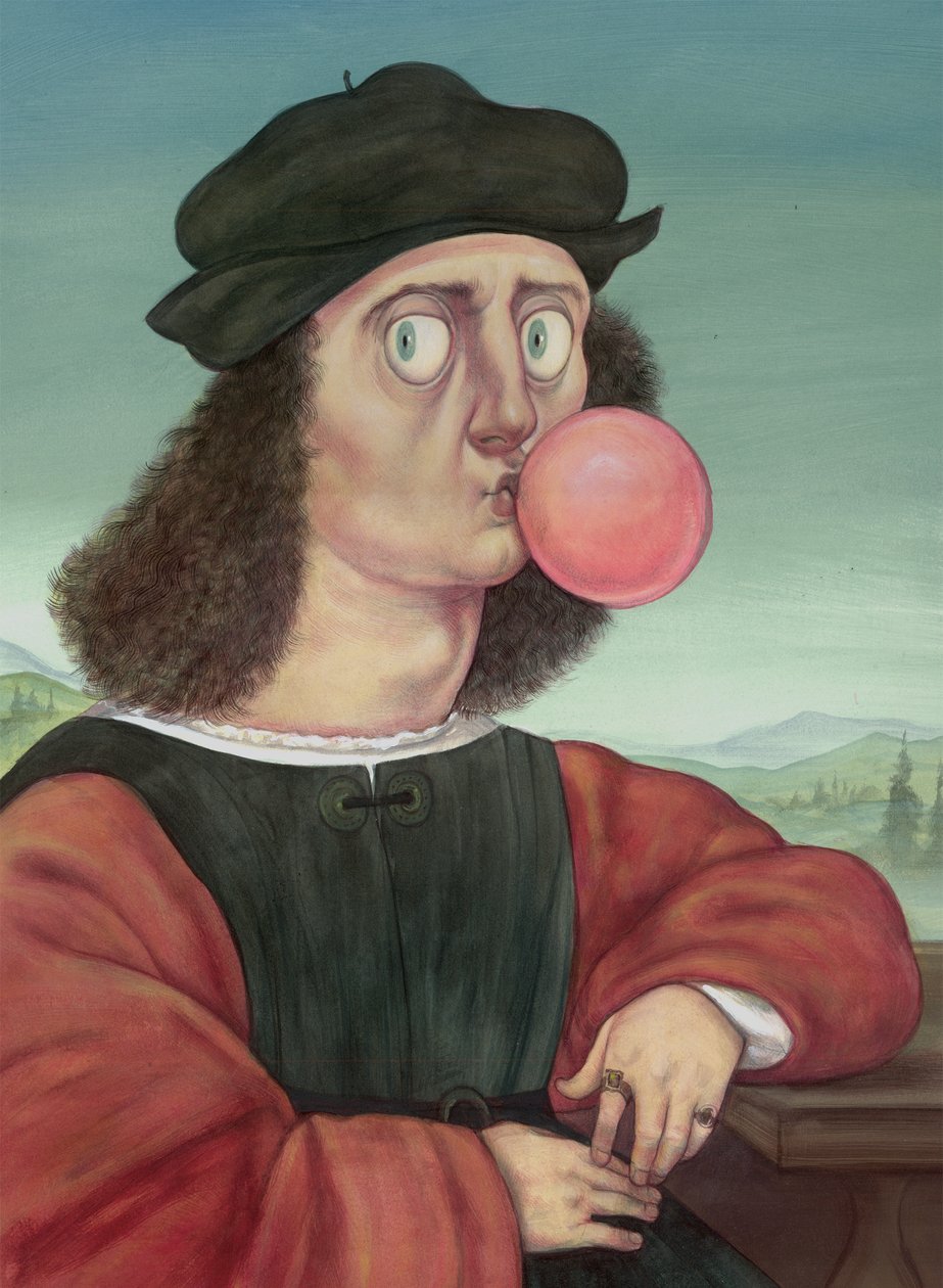 Rude Man With Bubble Gum, 2018 (akryylimaali kuvituskartongille) tekijältä Anita Kunz