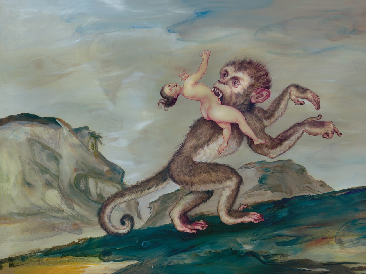 Woman Carried Off By Her Primate, 2018 (akryylimaali kuvituskartongille) tekijältä Anita Kunz