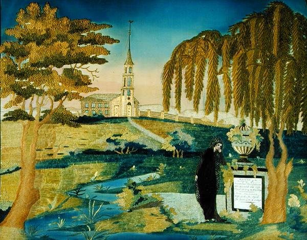 Nainen seisoo taiteilijan aviomiehen muistomerkin ääressä, 1800-20 (silkki). tekijältä Ann D. Beckman
