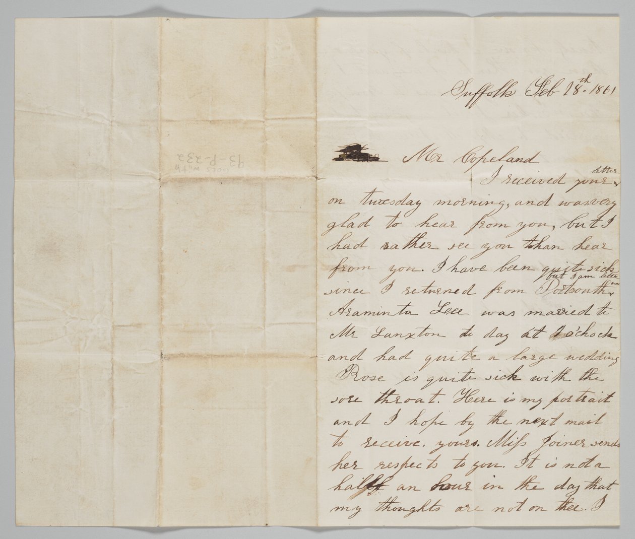Kirje John Copelandille vaimoltaan Annilta, 18. helmikuuta 1861. tekijältä Ann Hurst Copeland