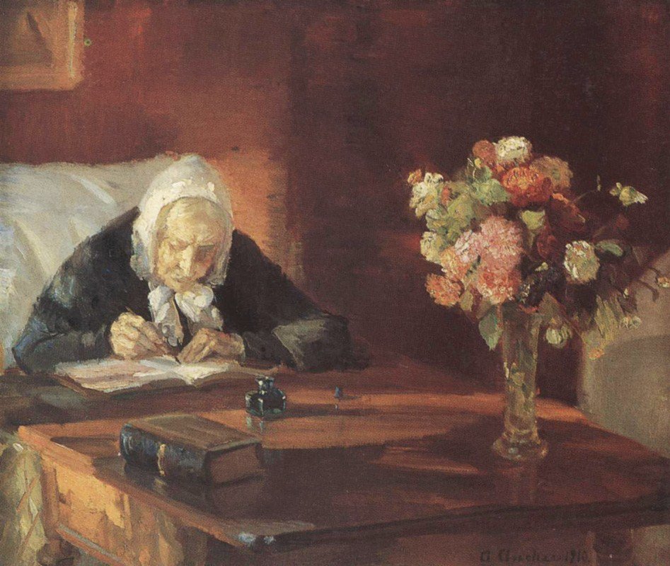 Ane Hedvig Brndum sidder ved bordetAne Hedvig Broendum istuu pöydän ääressä tekijältä Anna Ancher