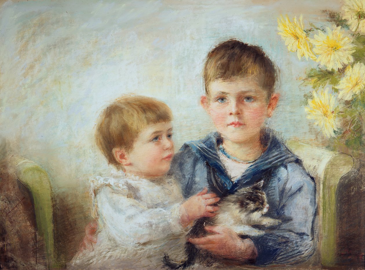 Poika ja tyttö kissanpennun kanssa, 1889 (pastelli paperille) tekijältä Anna Lea Merritt