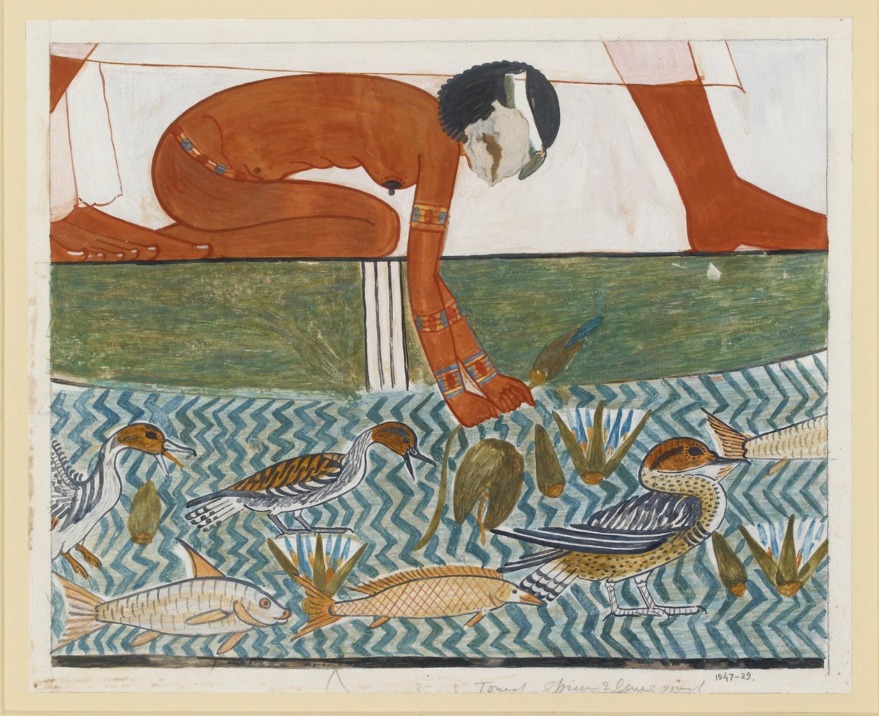 Kopio seinämaalauksesta Mennan yksityishaudasta 69, Thebes I,1, 134-139, 1900-luku tekijältä Anna