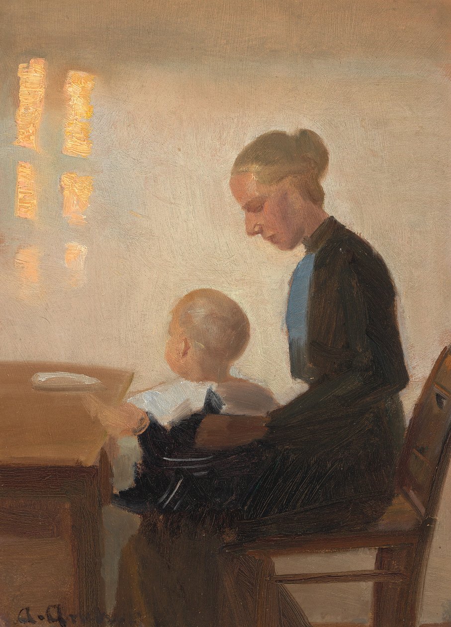 Sisustus, jossa on äiti ja lapsi. tekijältä Anna Ancher