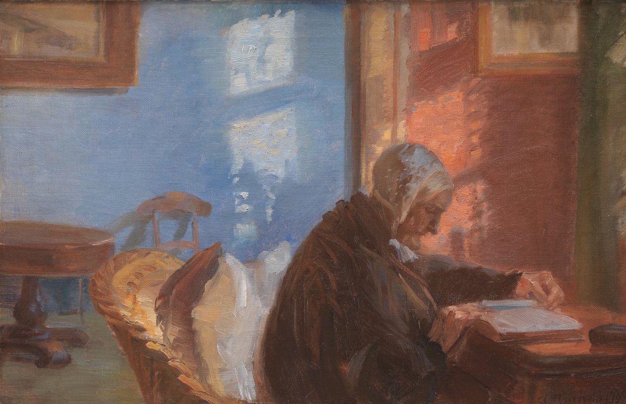 Taiteilijan äiti ja Hedvig Brøndum Punaisessa huoneessa tekijältä Anna Ancher