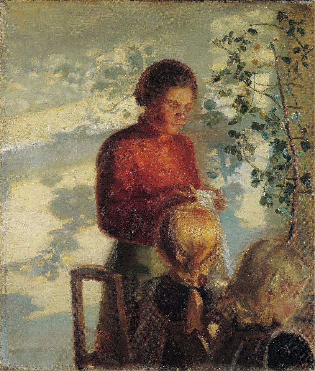 Kaksi pientä tyttöä opetetaan ompelemaan tekijältä Anna Ancher