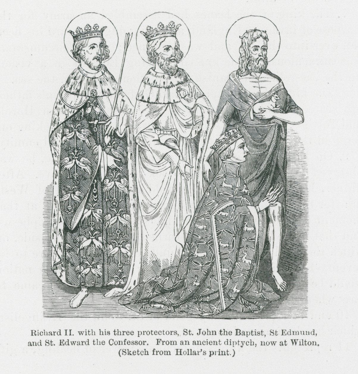 Rikhard II ja hänen kolme suojelijaansa, Pyhä Johannes Kastaja, Pyhä Edmund ja Pyhä Edvard Tunnustaja, muinaisesta ... (litografia) tekijältä Anna Brownell Jameson