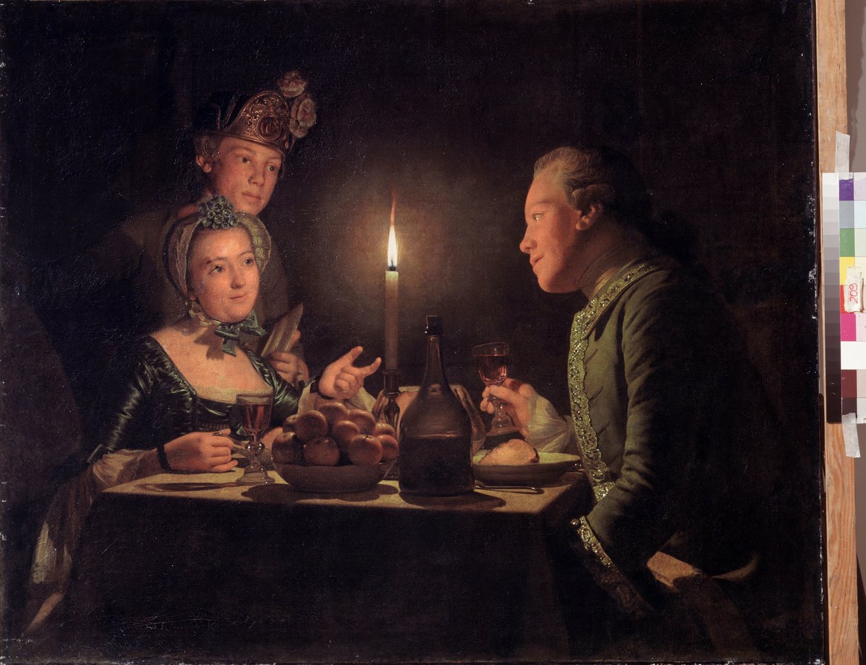 Kynttiläillallinen (Illallinen kynttilänvalossa). Anna Dorothea Therbusch Lisiewskan (1721-1782) maalaus. Öljy kankaalle, 95,5 x 117 cm tekijältä Anna Dorothea Lisiewska
