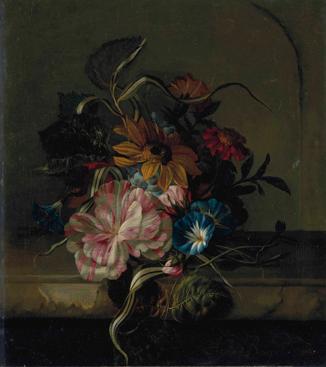Auringonkukka, sormustinkukka ja kaksivärinen tulppaani. tekijältä Anna Elisabeth Ruysch