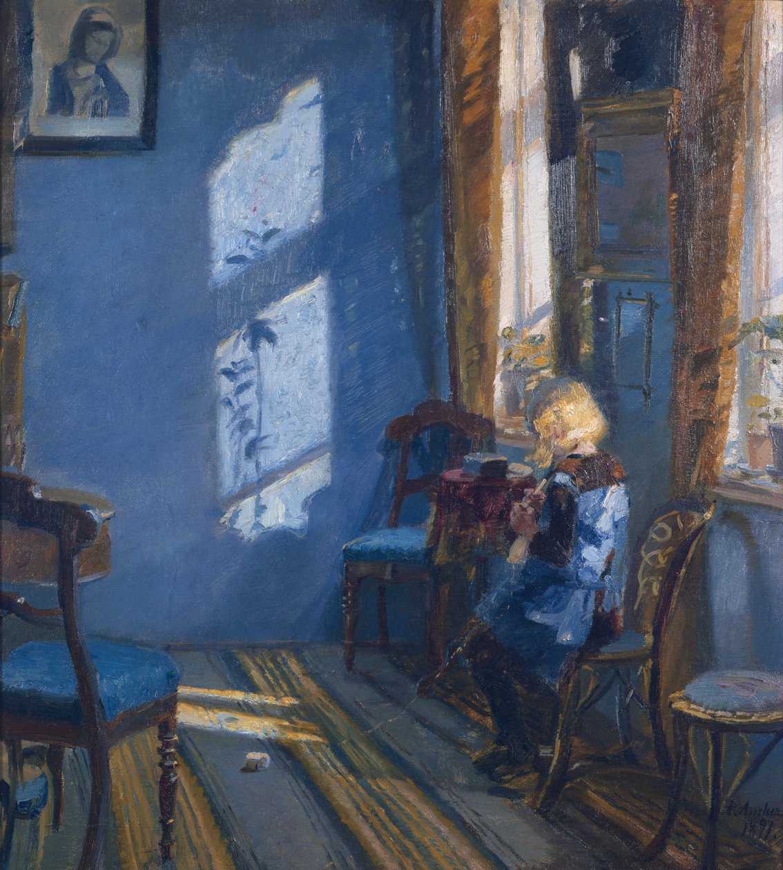 Auringonpaistetta sinisessä olohuoneessa tekijältä Anna Kirstine Ancher