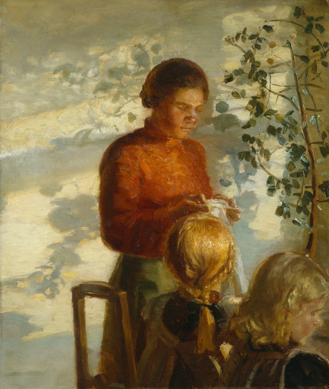 Pikkutytöille ompelun opetusta, n.1910 (maalaus) tekijältä Anna Kirstine Ancher