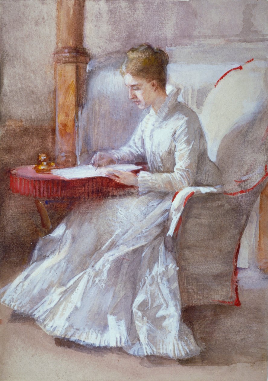 "Nainen valkoisessa kirjoituspöydässä", c1864-1930 tekijältä Anna Lea Merritt