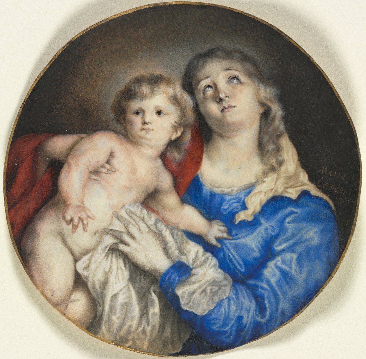 Neitsyt ja lapsi, n. 1662 (akvarelli kumilla korotettuna pergamentille, kulta). tekijältä Anna Maria Carew