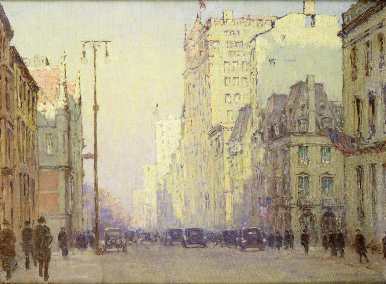 5th Ave, 57th Street, noin 1918 (öljy kankaalle). tekijältä Anna Richards Brewster