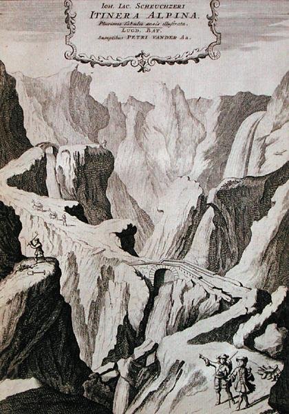 Johann Jacob Scheuchzerin 1706 julkaistun Itinera Alpinan osan I etukappale (kaiverrus) tekijältä Anna Wasera (after) Tigurina
