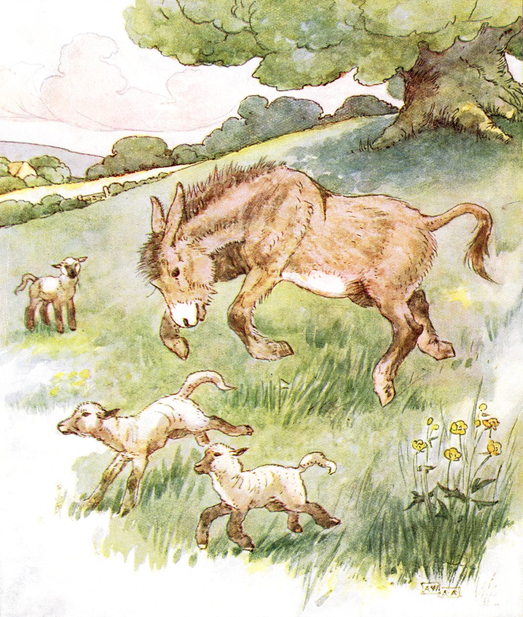 "Päihtelin koko päivän aurinkoisella niityllä typerien pienten karitsojen kanssa", kuvitus Thomas Nelson und Sonsin julkaisemasta "The Naughty Neddy Book" -kirjasta, 1920-luku tekijältä Anne Anderson