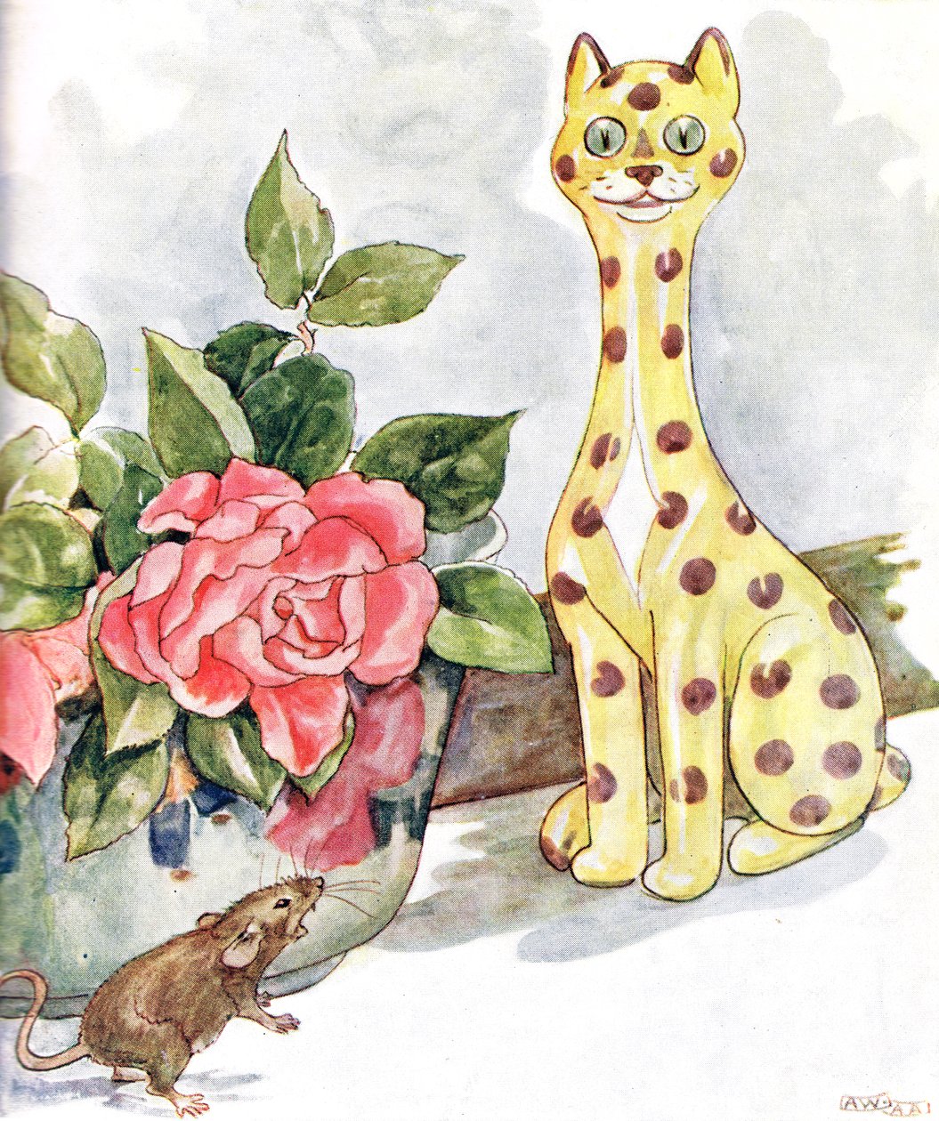 "Näin suuren kissan, joka oli täynnä pilkkuja", kuvitus kirjasta "The Mischievious Mousie Book", jonka on julkaissut Thomas Nelson und Sons, 1920-luku. tekijältä Anne Anderson