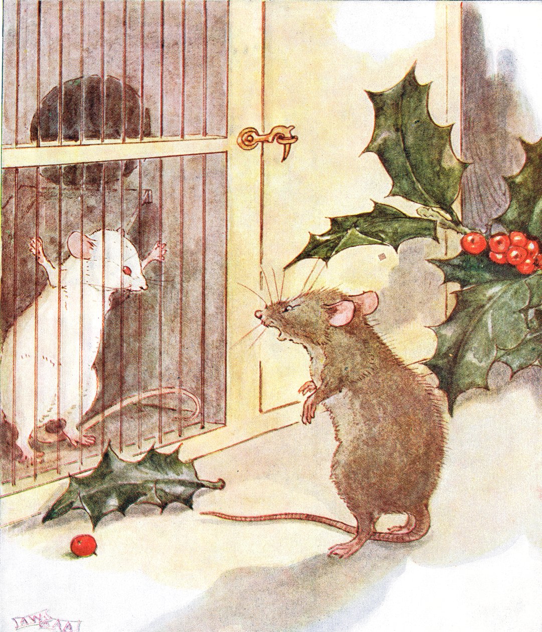 "Näin vankilan ja siinä hiiren valkoisen aaveen", kuvitus "The Mischievious Mousie Book" -kirjasta, julkaisija Thomas Nelson und Sons, 1920-luku tekijältä Anne Anderson