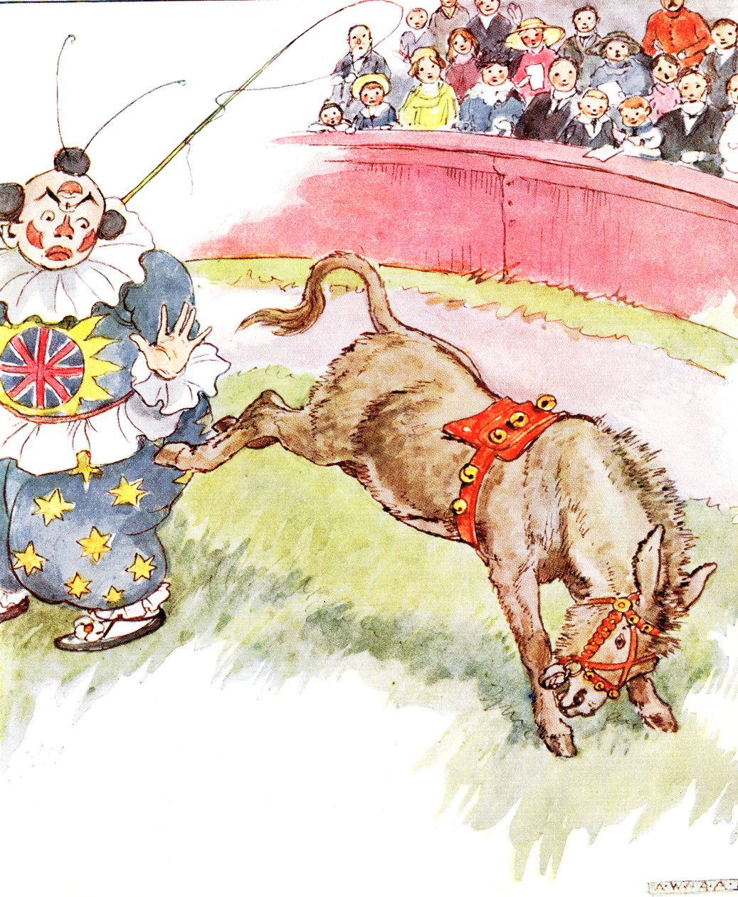 "Klovni oli niin typerä tänään - potkin häntä melko lujasti", kuvitus Thomas Nelson und Sonsin julkaisemasta "The Naughty Neddy Book" -kirjasta, 1920-luku tekijältä Anne Anderson