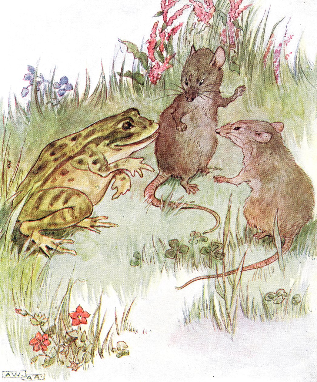 "Jutteli kauniin neiti Hiiren kanssa", kuvitus "The Mischievous Mouse Book" -kirjasta, julkaisija Thomas Nelson und Sons, 1920-luku tekijältä Anne Anderson