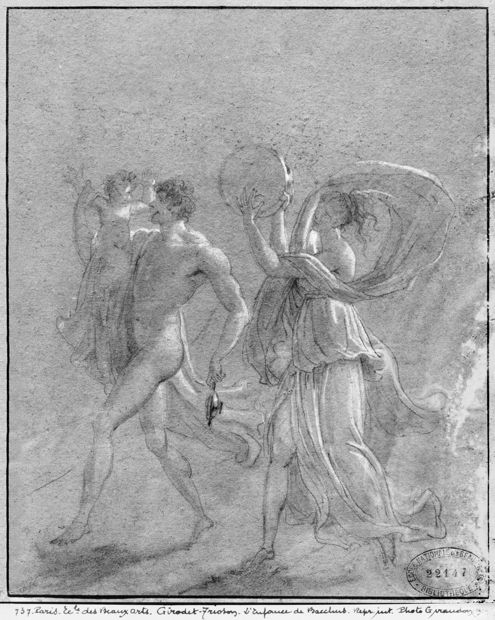Bacchuksen lapsuus (musta kynä ja liitu harmahtavalla paperilla) tekijältä Anne Louis Girodet de Roucy Trioson