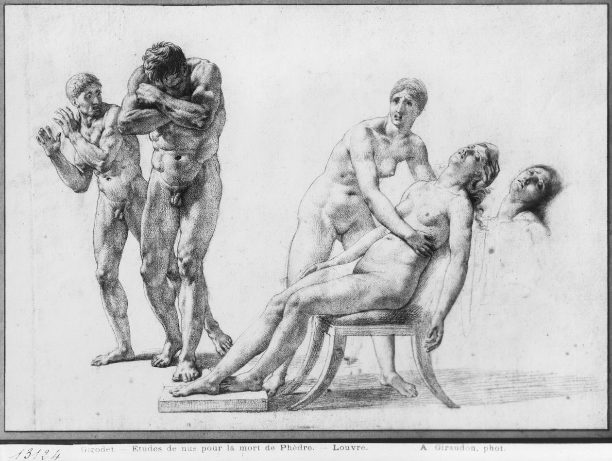 Death of Phaedra, valmisteleva luonnos Racinen täydellisten teosten havainnollistamiseen, näytös V kohtaus VII, julkaistu 1801 (musta kynä paperilla) tekijältä Anne Louis Girodet de Roucy Trioson