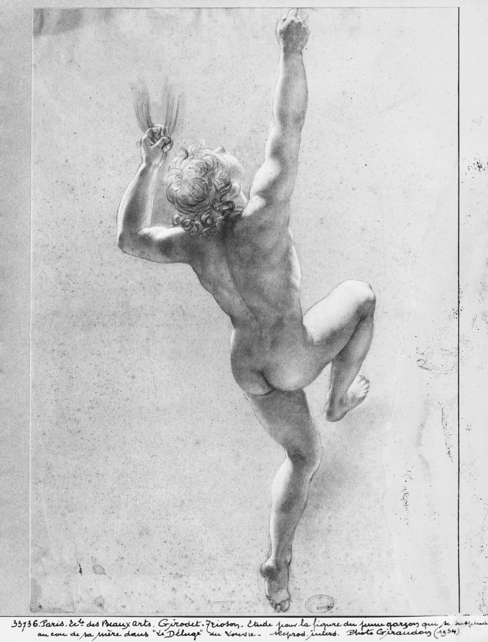 Tulvakohtaus, alaston nuoren pojan tutkimus (musta kynä ja liitu harmaalla paperilla) tekijältä Anne Louis Girodet de Roucy Trioson
