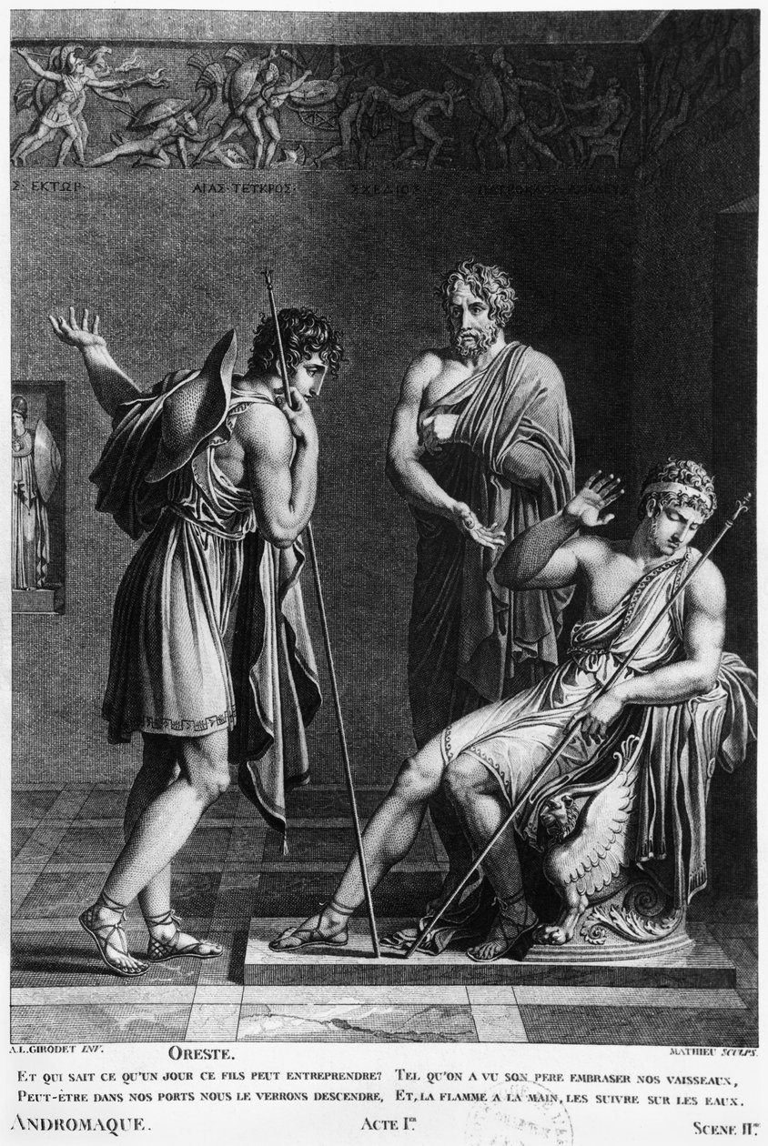 Orestes ja Pyrrhus, kuva Jean Racinen (1639-1699) Andromaquen 2. näytöksestä Mathieun (1800-luvulla) kaivertamana tekijältä Anne Louis Girodet de Roucy Trioson