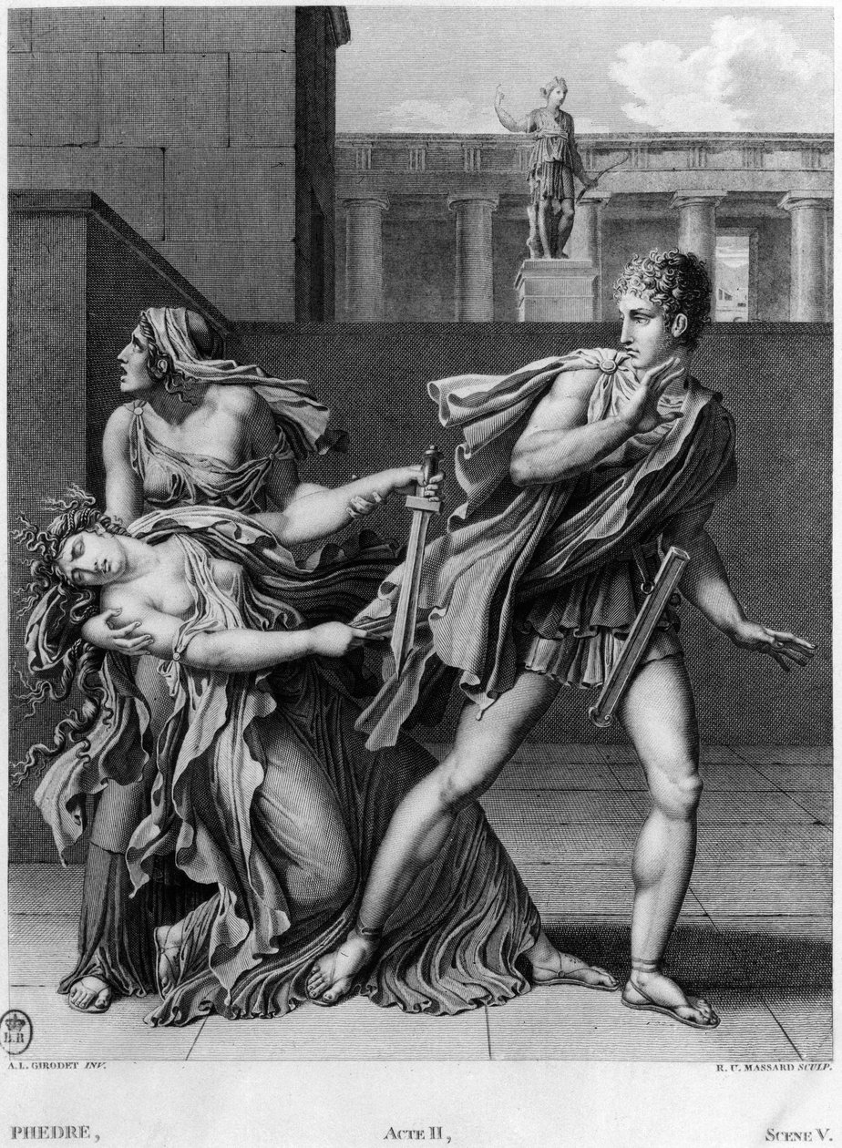 Phaedra, Oenone ja Hippolytus, kuva Jean Racinen (1639-1699) Phedren 5. näytöksestä kaivertanut Raphael Urbain Massard (1775-1843) 1824 tekijältä Anne Louis Girodet de Roucy Trioson