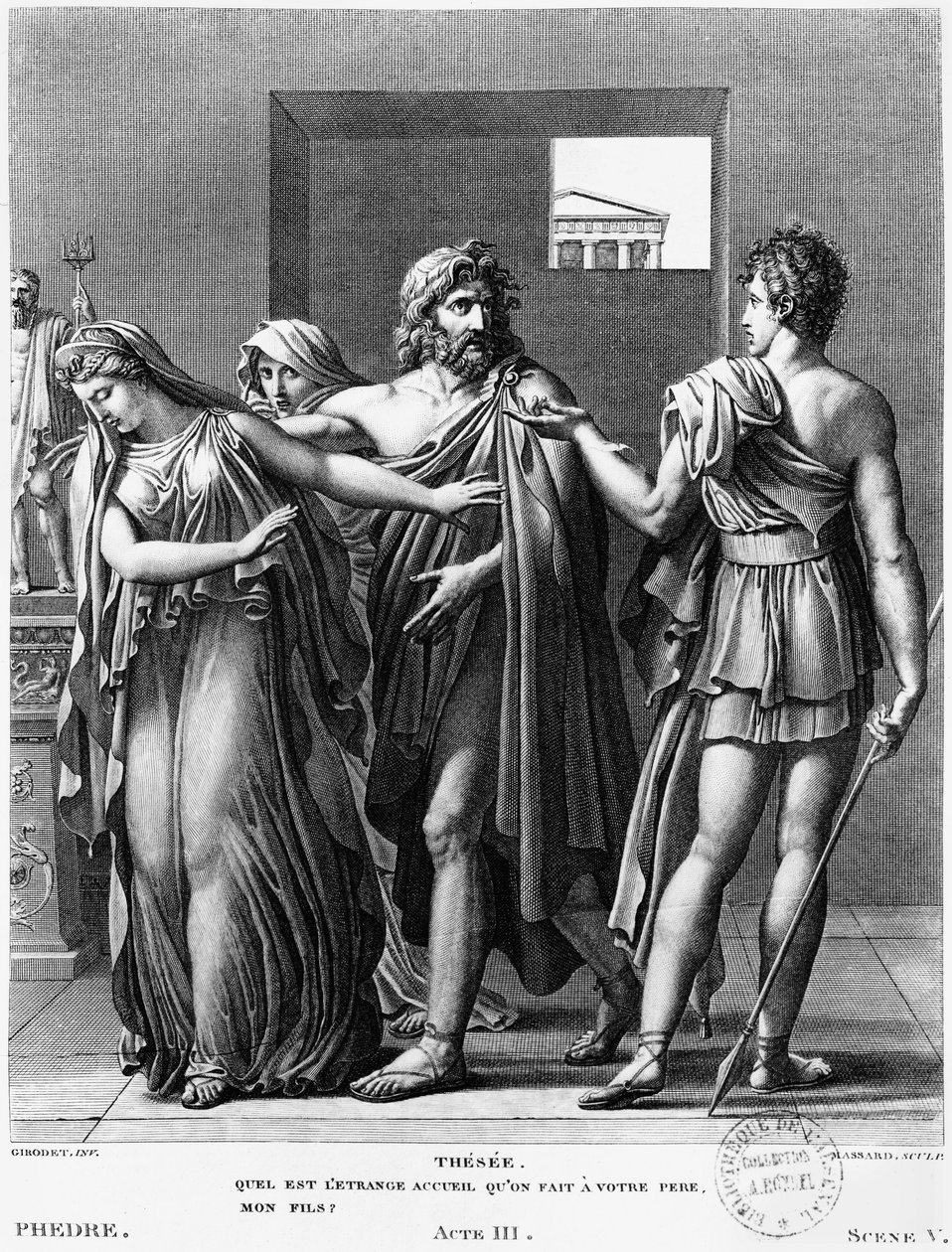 Phaedra, Theseus ja Hippolytus, kuva Jean Racinen (1639-1699) Phedren 5. näytöksestä, kaivertanut Raphael Urbain Massard (1775-1843) 1824 tekijältä Anne Louis Girodet de Roucy Trioson