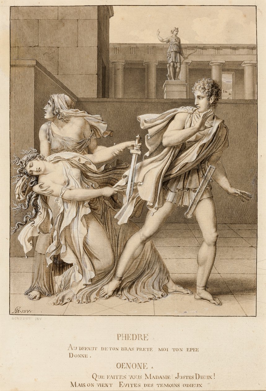 Phaedre, julistettuaan intohimonsa, yrittää tappaa itsensä Hippolytuksen miekalla tekijältä Anne-Louis Girodet de Roucy-Trioson