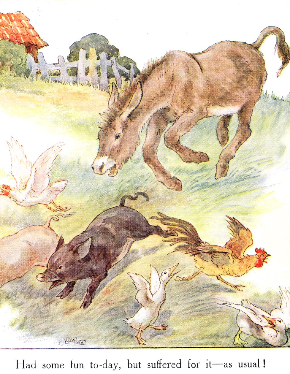 "Pidi hauskaa tänään, mutta kärsin siitä - kuten tavallista!", kuvitus "The Naughty Neddy Bookista", julkaisija Thomas Nelson und Sons, 1920-luku tekijältä Anne Anderson