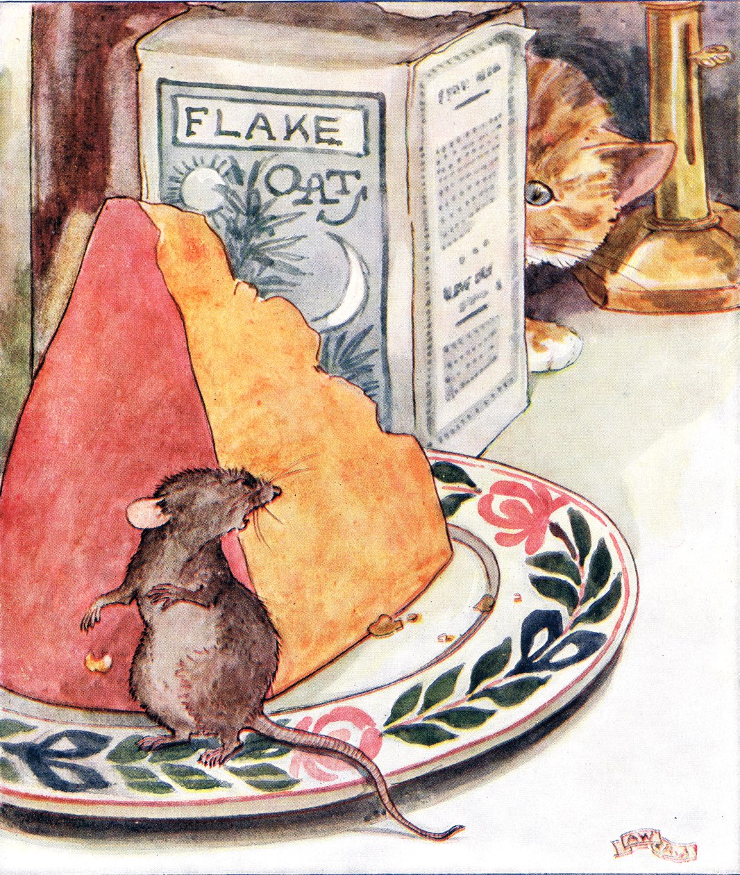 "Having a little supper - prime Stilton", kuvitus "The Mischievous Mouse Book" -kirjasta, julkaisija Thomas Nelson und Sons, 1920-luku tekijältä Anne Anderson