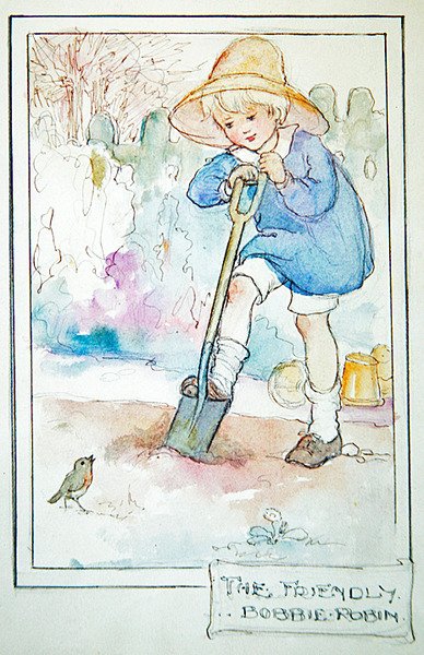 Ystävällinen Robbie Robin, n. 1916 (kynä ja muste vesivärillä ja kynällä paperilla) tekijältä Anne Anderson