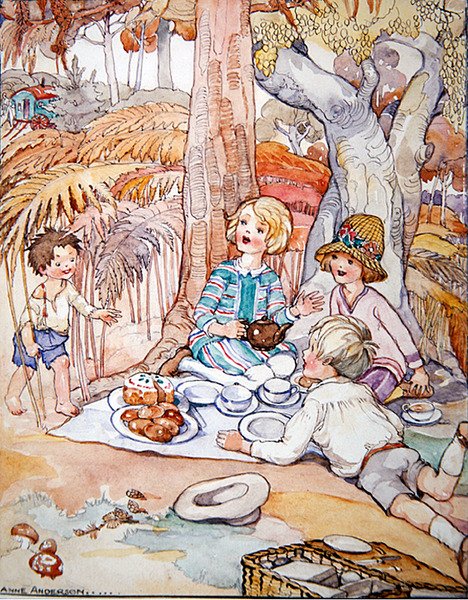 Piknik (kynä ja muste vesivärillä paperille) tekijältä Anne Anderson