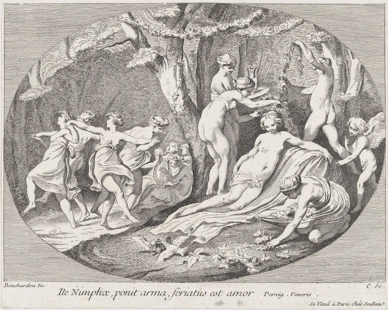 Menkää nymfit, jotka laskevat aseensa, Rakkaus lepää!, 1730-60. tekijältä Anne Claude Philippe de Caylus