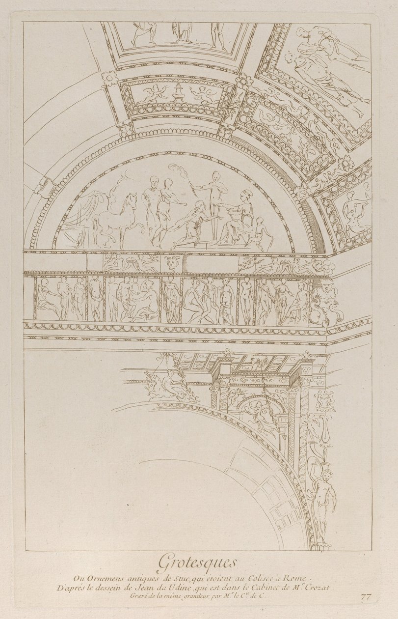 Groteskit: yksityiskohta Rooman Colosseumia koristavista stukkoreliefiistä, n. 1729. tekijältä Anne Claude Philippe de Caylus