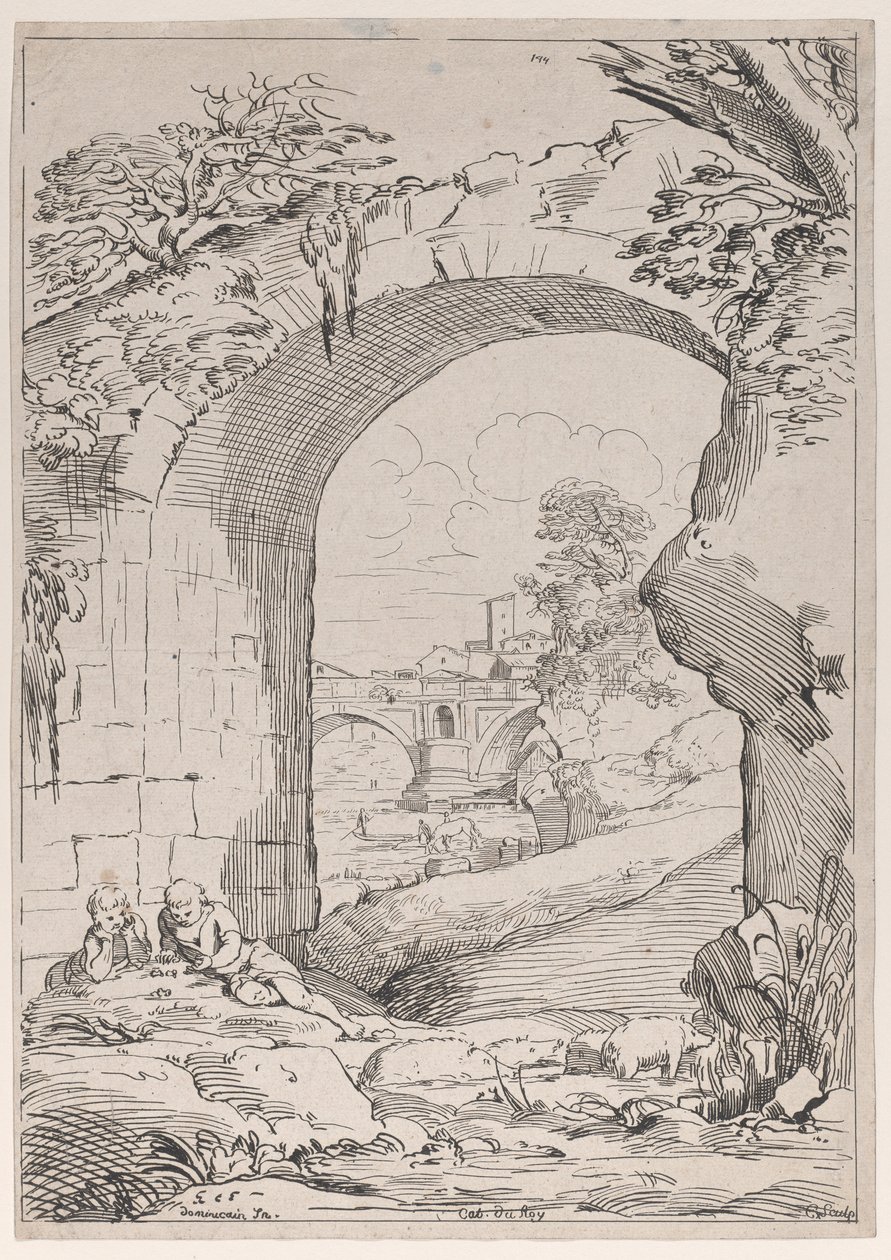 Maisema sillan kanssa, 1700-luku. tekijältä Anne Claude Philippe de Caylus