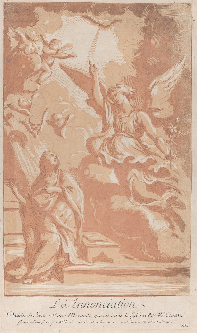 Marian ilmestys, jossa Neitsyt polvistuu vasemmalla ja Gabriel ilmestyy oikealle, n. ..., n. 1729. tekijältä Anne Claude Philippe de Caylus