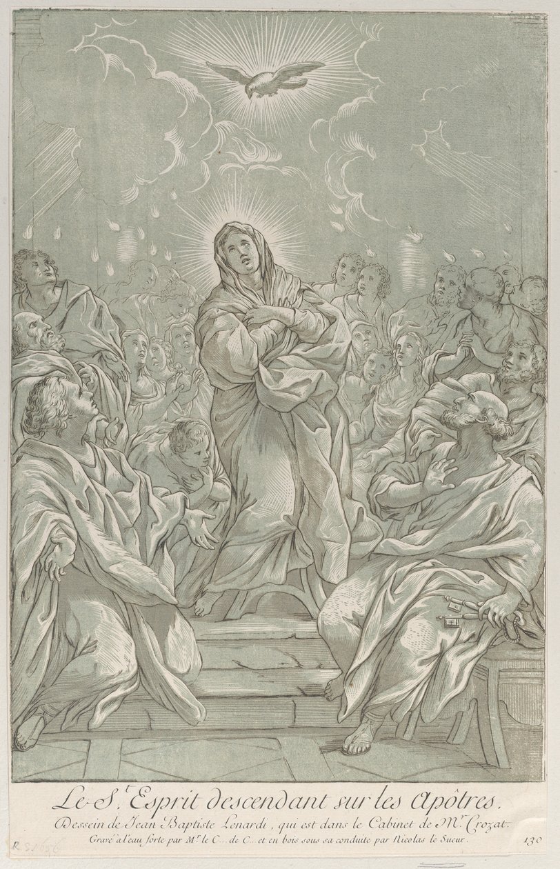 Helluntai, jossa Neitsyt seisoo keskellä, Pyhä Henki yläpuolella ja apostolit..., n. 1729. tekijältä Anne Claude Philippe de Caylus