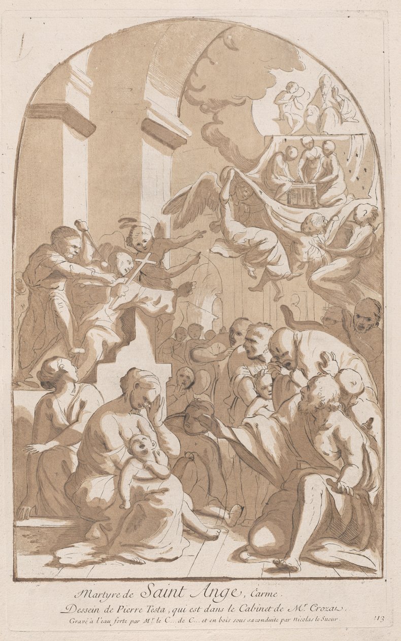 Vasemmassa yläkulmassa olevaa Pyhän Angelon marttyyrikuolemaa katselee kauhu..., 1729-64. tekijältä Anne Claude Philippe de Caylus