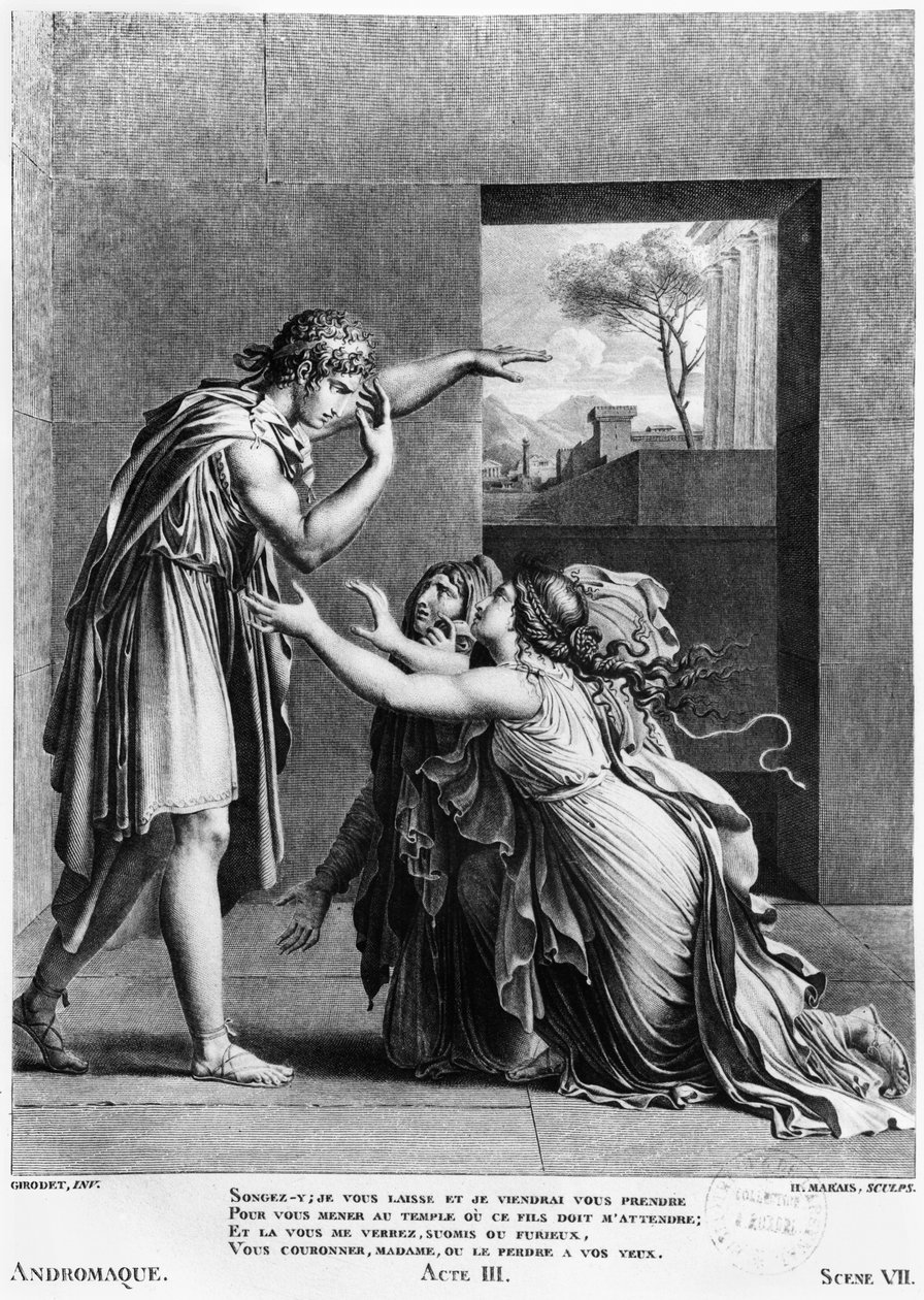 Andromache Pyrrhusin jaloilla, esimerkki Jean Racinen (1639-1699) Andromaquen 7. näytöksestä, Henri Marais