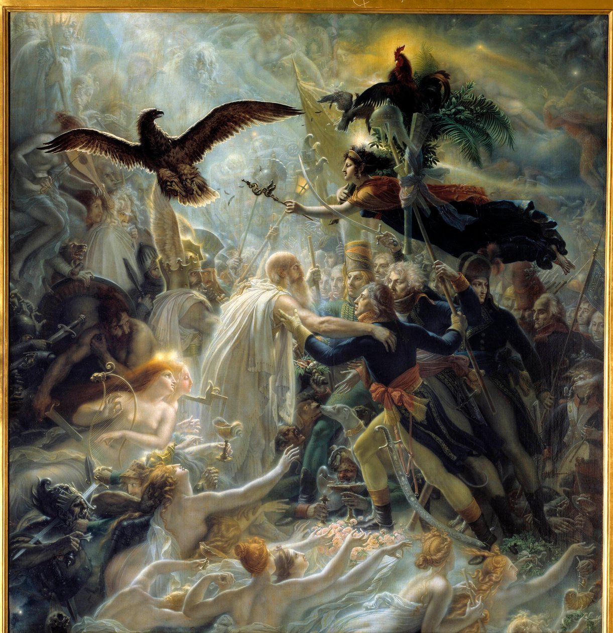 Liberten sodan aikana isänmaan puolesta kuolleiden ranskalaisten sankareiden apoteoosi, kunnianosoitus Napoleon Bonaparte Allegorielle, joka edustaa bard Ossiania, 3. vuosisadan skotlantilaista runoilijaa, jonka luki Napoleon ja toivotti tervetulleeksi Lou tekijältä Anne Louis Girodet de Roucy Trioson