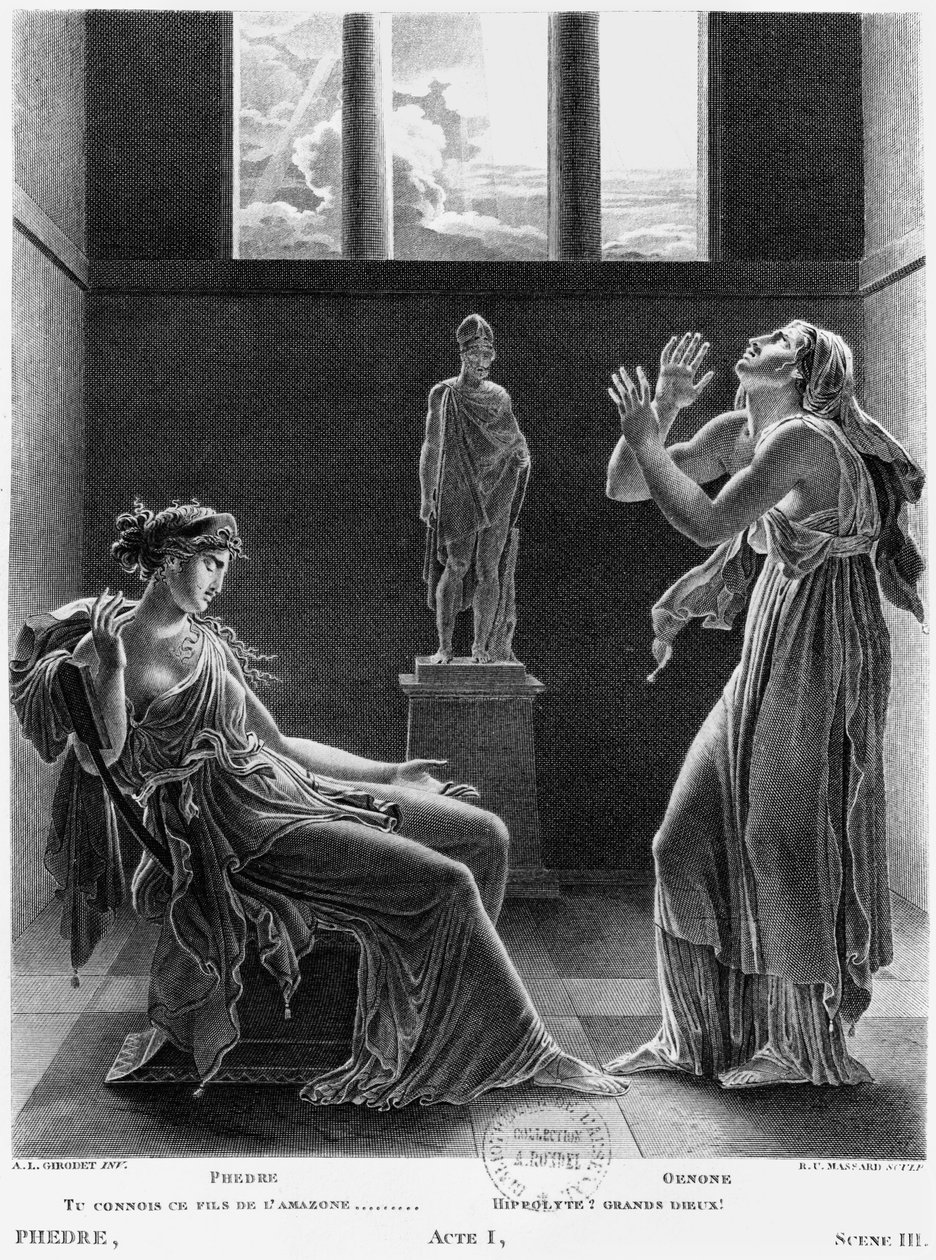 Phaedra ja Oenone, kuva Jean Racinen (1639-1699) Phedren 3. näytöksestä, kaivertanut Raphael Urbain Massard (1775-1843) 1824 tekijältä Anne Louis Girodet de Roucy Trioson