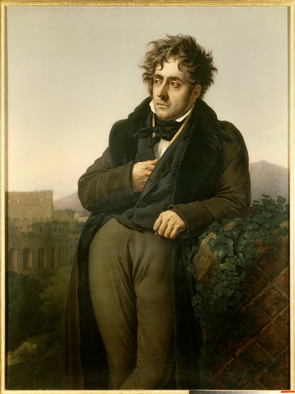 Muotokuva Francois Renestä, Chateaubriandin varakreivi (1768-1848) meditoimassa Rooman raunioita näkymän edessä Colisseelle tekijältä Anne Louis Girodet de Roucy Trioson
