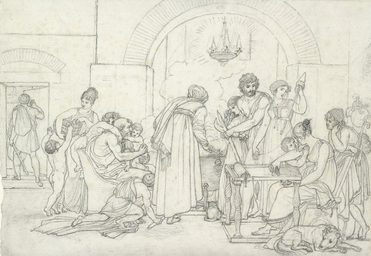 Rustiikkinen sisustus antiikissa (musta liitu hienojakoiselle valkoiselle paperille). tekijältä Anne Louis Girodet de Roucy Trioson