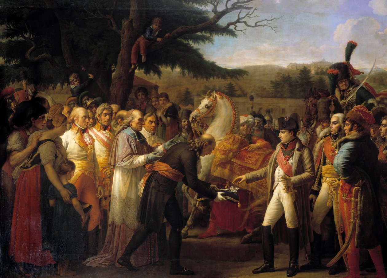 Wienin avainten luovutus Napoleon I:lle (1769-1821) Keisari palasi Itävallan pääkaupunkiin, jonka Fransois II Habsburg jätti autiolle 14.11.1805. Anne Louis Girodet de Roucy-Triosonin maalaus (Anne-Louis Girodet de Roucy Trioson tekijältä Anne Louis Girodet de Roucy Trioson