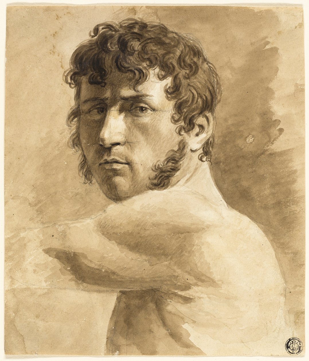Miesaktin rintakuva (etusivu); muotokuvapiirros miehestä ja luonnoksia naisista (kääntöpuoli). tekijältä Anne Louis Girodet de Roussy Trioson