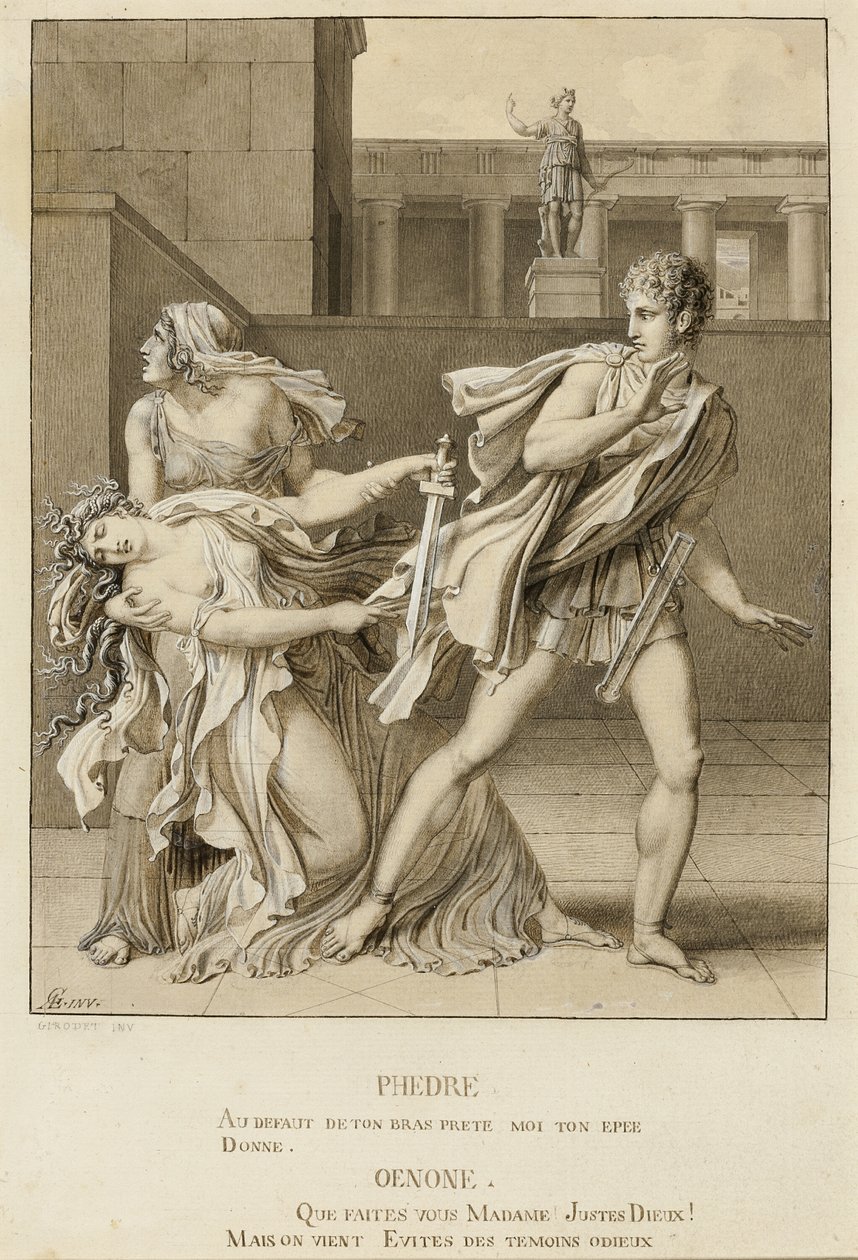 Phaedre, julistettuaan intohimonsa, yrittää tappaa itsensä Hippolytuksen miekalla tekijältä Anne Louis Girodet de Roussy Trioson