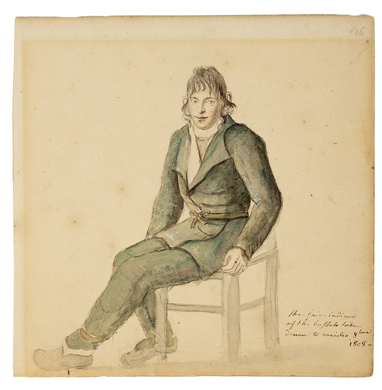 Fair American Indian Man of the Buffalo Tribe, Canisteo, New York, 1808 (akvarelli, grafiitti ja hiili paperille) tekijältä Anne Marguerite Hyde de Neuville